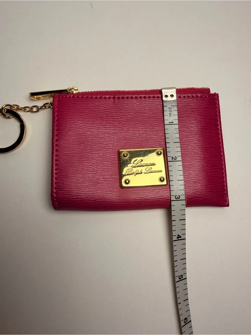 Lauren Ralph Lauren Hot Pink Leather Zip Card Case with Gold Keyring